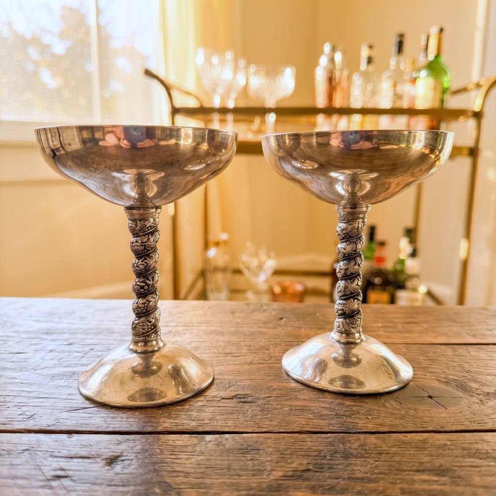 Vintage Plator Silver Plated Champagne Coupes Made in Spain Floral Stem Set of 2